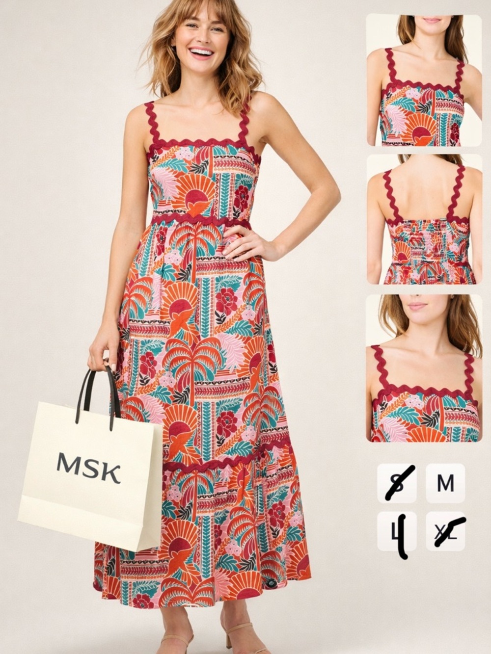 MSK Coral, Pink & Teal Printed Maxi Dress with Scallop Straps